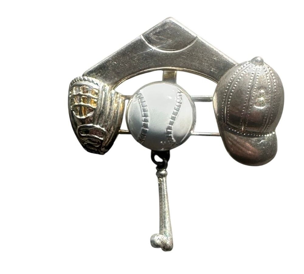 BEST Silvertone Baseball Pin Brooch Pendant Novelty Sports Jewelry Vintage